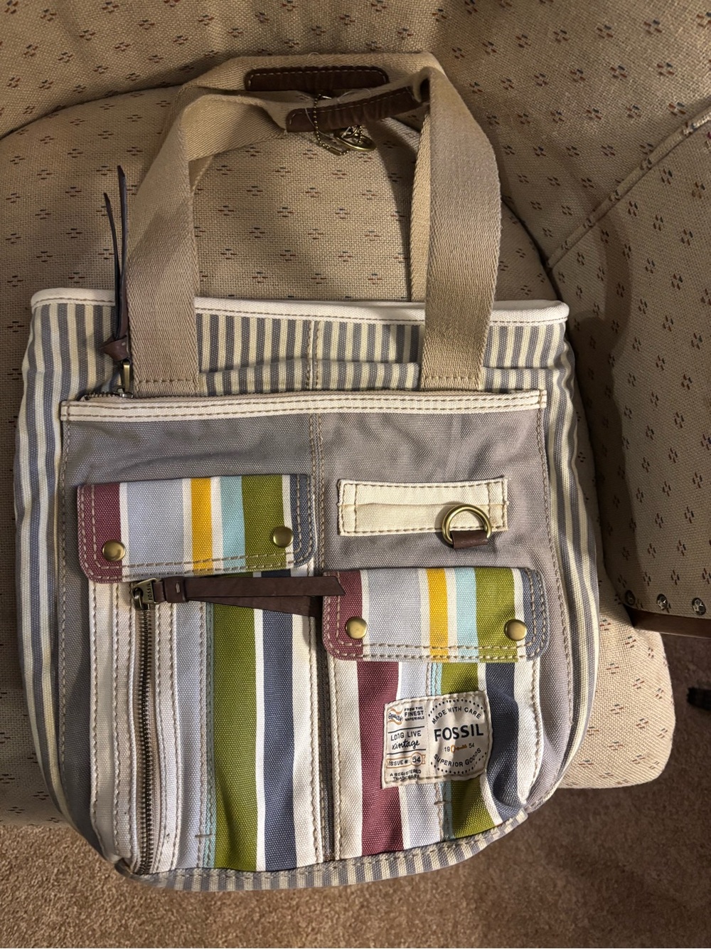 Fossil Striped Canvas Tote in Cream, Blue, Green & Maroon